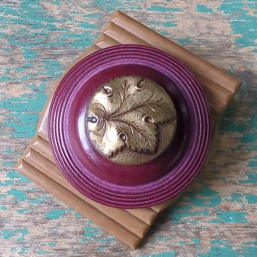 WHIMSY HOUSE I Upcycled Handmade Vintage Button & Buckle Copper Leaf Brooch Pin